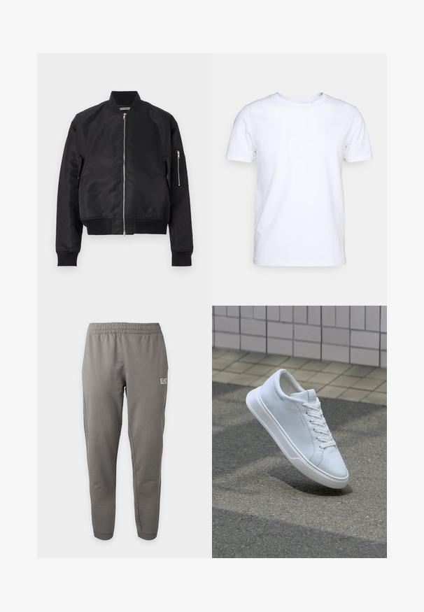 Μαύρο bomber jacket κατασκευασμένο από λείο ύφασμα, με κλείσιμο φερμουάρ, ραμμένες μανσέτες και στρίφωμα, καθώς και πλαϊνή τσέπη με λεπτομέρεια φερμουάρ.; Λευκό κοντομάνικο μπλουζάκι από βαμβακερό ύφασμα με στρογγυλή λαιμόκοψη. Απλός σχεδιασμός χωρίς μοτίβα ή λεπτομέρειες. Λείο υφή.; Γκρι στενό παντελόνι φόρμας με ελαστική μέση και λογότυπο EA7 Emporio Armani στο επάνω αριστερό πόδι.; Λευκό sneaker χαμηλού τύπου με κορδόνια να αιωρείται πάνω από υφή ασφαλτοτάπητα και μπεζ πλακιδίων στο φόντο.