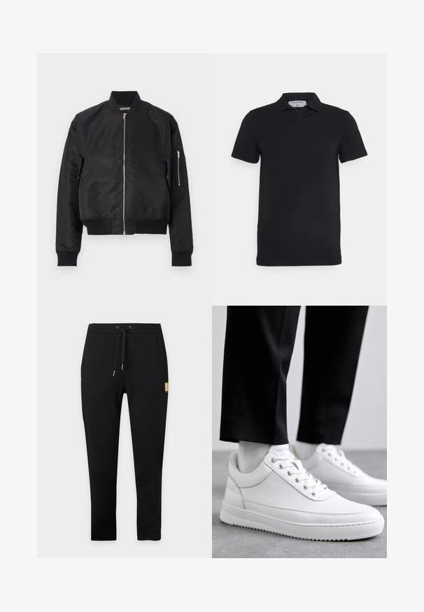 Μαύρο bomber jacket κατασκευασμένο από λείο ύφασμα, με κλείσιμο φερμουάρ, ραμμένες μανσέτες και στρίφωμα, καθώς και πλαϊνή τσέπη με λεπτομέρεια φερμουάρ.; Μαύρο κοντομάνικο πουκάμισο πόλο με κλασικό γιακά, φτιαγμένο από λείο ύφασμα. Διαθέτει ετικέτα με το όνομα της μάρκας 'Filippa K' στο στόμιο.; Μαύρο στενό παντελόνι jogging με κορδόνι στη μέση και μικρό μπεζ ορθογώνιο έμπλαστρο στο πάνω αριστερό μηρό.; Λευκά δερμάτινα αθλητικά παπούτσια με επίπεδη καουτσούκ σόλα, με λείο φινίρισμα, στρογγυλή μύτη και μεταλλικές θηλιές για τα κορδόνια. Φορεμένα με μαύρο παντελόνι.