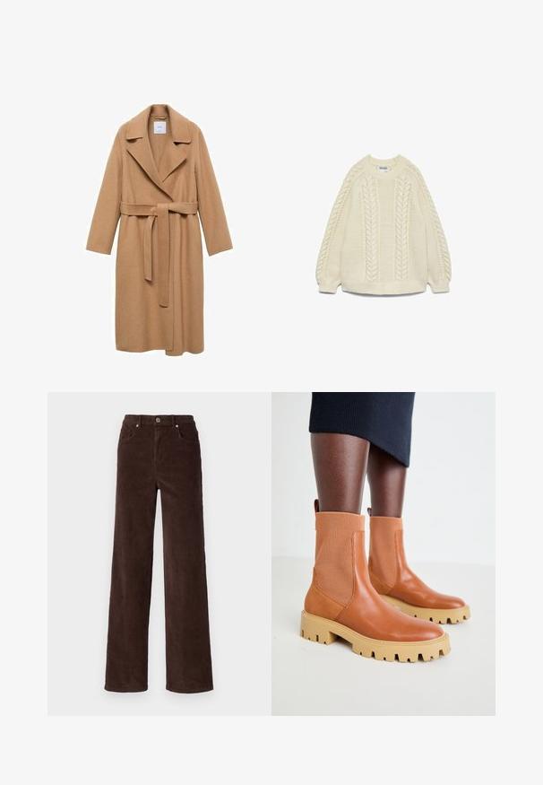 Kamelfarvet uldblandingsfrakke med skridsekrave, bælte i taljen og lange ærmer. Har en lige pasform og minimalistisk design.; Cremefarvet strikket sweater med kabelstrik, rund halsudskæring og lange ærmer med ribkant ved håndleddene og kanten.; Vero Moda VMTESSA WIDE PANTS - Bukser - chocolate torte; Brune læder ankelstøvler med ribbede elastiske paneler, chunky beige sål og trækstrop detalje; moderne design med en tekstureret overflade.