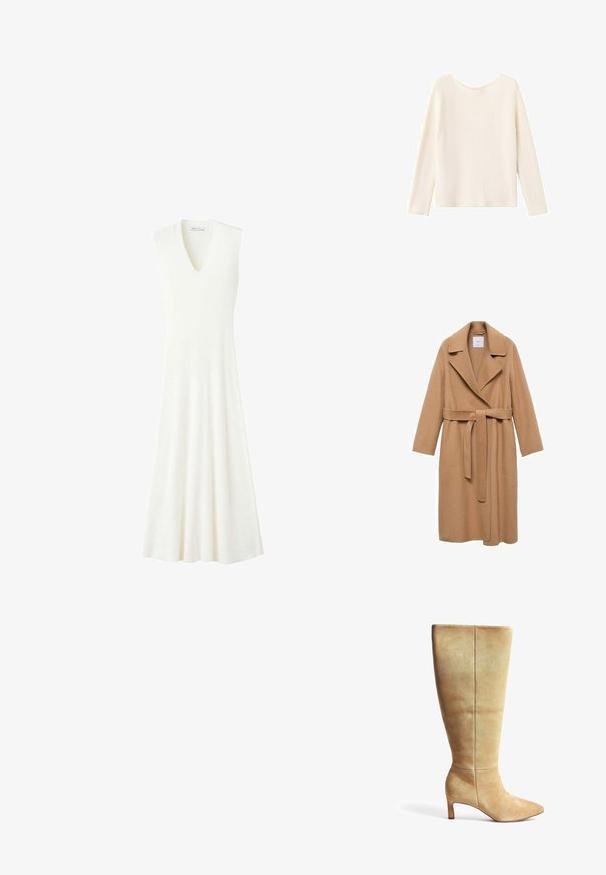 Kamelfarvet uldblandingsfrakke med skridsekrave, bælte i taljen og lange ærmer. Har en lige pasform og minimalistisk design.; Kremfarvet strikket sweater med lange ærmer og rund halsudskæring, vist mod en hvid baggrund.; Ærmeløs hvid strikket midi-kjole med V-hals og udvidet skørt, vist på en ensfarvet hvid baggrund.; Beige ruskinds støvle til knæhøjde med spids tå og blokhæl. Glat tekstur, minimalistisk design og lodret syninger på skaftet.