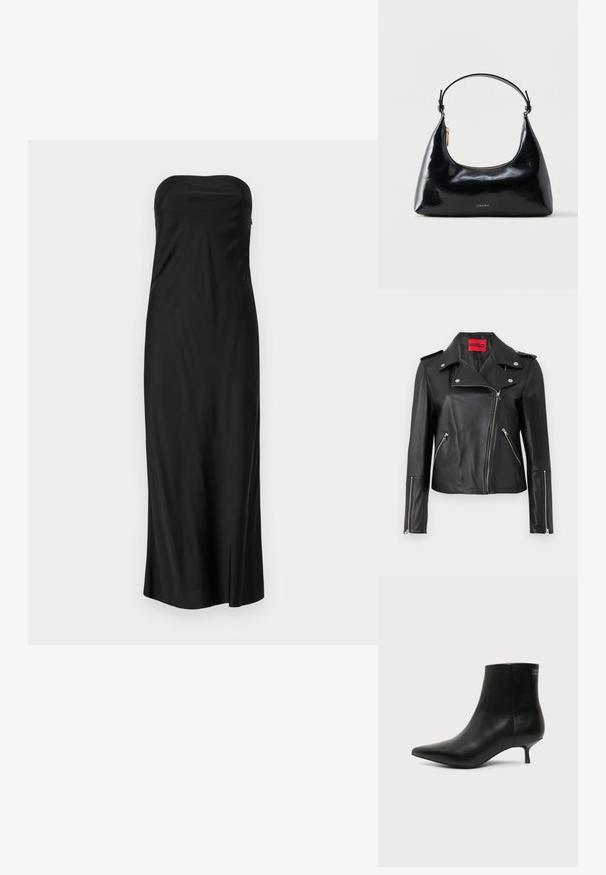 Veste de moto en cuir noir avec des zippers en métal argenté, col à pression et poches zippées. Possède une étiquette intérieure rouge vif.; Robe noire sans bretelles en tissu lisse, présentant un design long jusqu'au sol avec une fente sur le côté pour un détail supplémentaire.; Bottine en cuir noir avec bout pointu et petit talon kitten sur fond clair, vue côté extérieur.; Sac à main Calvin Klein noir brillant avec fermeture éclair dorée et anse courte sur fond blanc uni.