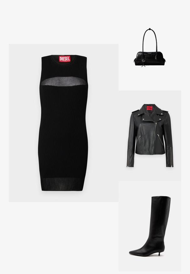 Schwarze Leder-Motorradjacke mit silbernen Reißverschlüssen, Druckknopfkragen und Reißverschlusstaschen. Ausgestattet mit einem auffälligen roten Innenlabel.; Schwarzes ärmelloses Kleid mit gerippter Textur, das einen semi-transparenten Ausschnitt an der Brust hat. Das Etikett trägt "DIESEL" in fettroter Schrift.; Schwarzer kniehoher Lederstiefel mit spitz zulaufender Schuhspitze und niedrigem Kittenabsatz vor einem schlichten hellen Hintergrund.; Schwarze Umhängetasche aus krokodilstrukturiertem Leder mit langen Riemen und einem kleinen silbernen Logocharm an einem Riemen.