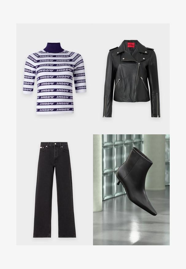 Veste de moto en cuir noir avec des zippers en métal argenté, col à pression et poches zippées. Possède une étiquette intérieure rouge vif.; Top en tricot à manches courtes avec un col montant, présentant des rayures horizontales blanches et violettes ornées du texte "2ND DAY."; Jeans noirs à jambes larges en denim, avec une taille haute, une coupe à cinq poches et une fermeture à bouton en métal avec des coutures contrastantes.; Bottine en cuir noir avec bout pointu et petit talon, présentée devant un mur en blocs de verre et un sol poli.