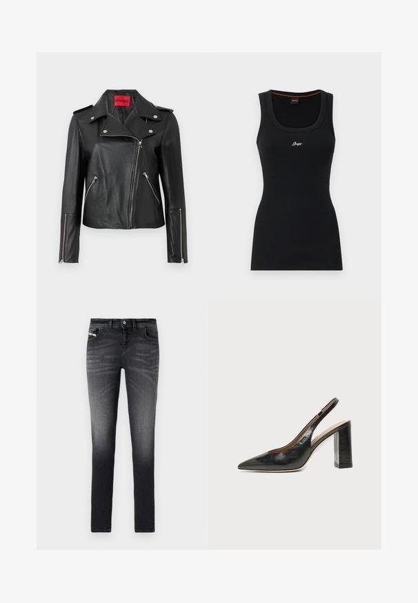 Schwarze Leder-Motorradjacke mit silbernen Reißverschlüssen, Druckknopfkragen und Reißverschlusstaschen. Ausgestattet mit einem auffälligen roten Innenlabel.; Schwarzes Rippen-Tanktop mit Rundhalsausschnitt. Verfügt über ein kleines weißes "Boss"-Logo auf der Vorderseite und einen kontrastierenden orangefarbenen Akzent im Kragen.; Dunkelgraue Slim-Fit-Jeans aus Denim. Mit einem ausgebleichten Finish, standardmäßigem Fünf-Taschen-Design und Frontknopfverschluss.; Schwarzer Leder-Slingback-Schuh mit spitzer Kappe, hohem Blockabsatz und beigegefüttertem Innenraum vor hellem, einfarbigem Hintergrund.