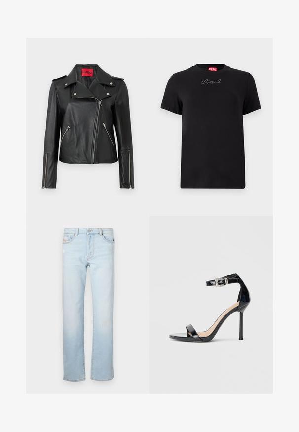 Veste de moto en cuir noir avec des zippers en métal argenté, col à pression et poches zippées. Possède une étiquette intérieure rouge vif.; T-shirt noir Diesel à manches courtes avec un petit logo en strass centré juste en dessous de l'encolure.; Jean en denim bleu clair à coupe droite, arborant de légères distresses, cinq poches et une fermeture à bouton.; Sandale à talon haut en cuir verni noir avec bride à la cheville. Présente un design minimaliste, un bout ouvert et une boucle ornée de strass.