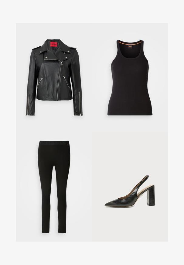 Veste de moto en cuir noir avec des zippers en métal argenté, col à pression et poches zippées. Possède une étiquette intérieure rouge vif.; Débardeur noir côtelé avec un col rond. Présente une coupe ajustée et un accent orange au niveau du col. Logo de la marque discrètement brodé à l'avant.; Leggings noirs avec une texture lisse, présentant une taille flexible et des détails de couture subtils. Aucun motif ni élément métallique présent.; Chaussure slingback en cuir noir à bout pointu avec un talon bloc haut et une doublure intérieure beige sur un fond clair uni.