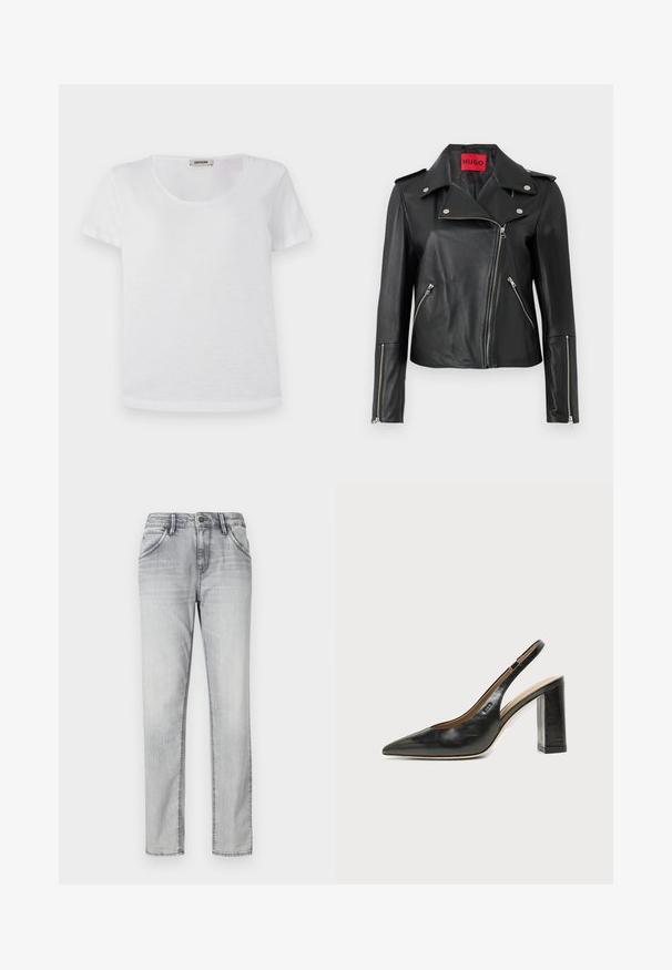 Veste de moto en cuir noir avec des zippers en métal argenté, col à pression et poches zippées. Possède une étiquette intérieure rouge vif.; T-shirt blanc à manches courtes en tissu doux, avec un col rond et un ourlet droit sans motifs ni accents visibles.; Jeans en denim gris au design classique, avec une fermeture à bouton, cinq poches et un léger délavage pour ajouter de la texture. Design à jambe droite.; Chaussure slingback en cuir noir à bout pointu avec un talon bloc haut et une doublure intérieure beige sur un fond clair uni.