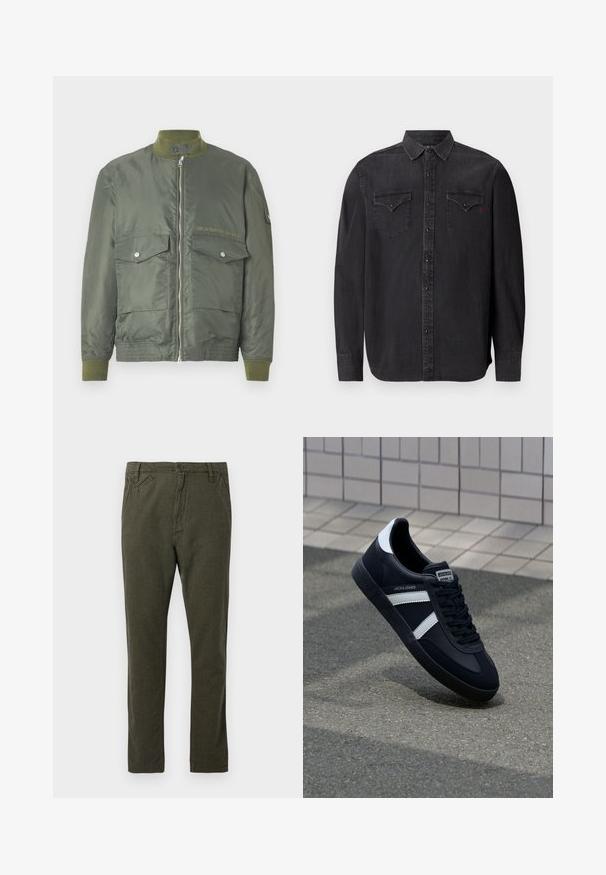 Olivgrüne Bomberjacke mit Reißverschluss, gerippten Bündchen und Kragen. Zwei vordere Taschen mit Druckknopfverschluss. Mit eingeprägtem Logodetail.; Langärmliges schwarzes Jeanshemd mit klassischem Kragen, Druckknopfverschlüssen, zwei Brusttaschen und einem dezenten roten Logodetail.; Gerade geschnittene Chino-Hosen in dunkelolivgrün mit vorderem Knopf- und Reißverschluss, seitlichen und kleinen schrägen Vordertaschen.; Schwarze Leder-Sneaker mit weißen Streifen, strukturiertem Gummisohle und Schnürung. Verfügt über ein Markenetikett auf der Zunge.