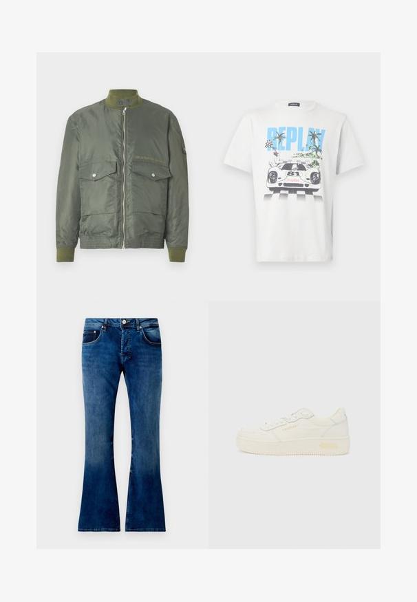 Veste bomber vert olive avec fermeture éclair, poignets et col côtelés. Deux poches avant avec fermeture à pression. Détails logo en relief.; T-shirt en coton blanc présentant un graphisme coloré avec une voiture de course, des palmiers et des drapeaux à damier, avec "REPLAY" affiché en évidence.; Jean en denim bleu évasé avec un lavage moyen, comportant cinq poches, une fermeture à bouton et des coutures visibles. Texture lisse avec un léger dégradé.; Baskets basses blanches avec lacets à l’avant, semelle épaisse et marquage subtil "REPLAY" sur le côté et le talon, vues de profil.