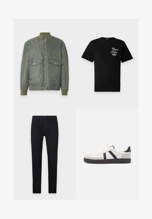 Olivgrüne Bomberjacke mit Reißverschluss, gerippten Bündchen und Kragen. Zwei vordere Taschen mit Druckknopfverschluss. Mit eingeprägtem Logodetail.; Schwarzes Baumwoll-T-Shirt mit kurzen Ärmeln, das auf der linken Brust ein weißes "Chrome and Leather"-Grafikdesign und den Markennamen "REPLAY" zeigt.; Schwarze Slim-Fit-Jeans mit fünf Taschen, Knopfverschluss und Gürtelschlaufen, auf einem schlichten weißen Hintergrund präsentiert.; Weiße Sneaker mit schwarz- und grau-aczenten, ausgestattet mit einer strukturierten grauen Zehenkappe, schwarzer Gummi-Sohle und flachen weißen Schnürsenkeln. Sauberes Design, minimalistische Stil.