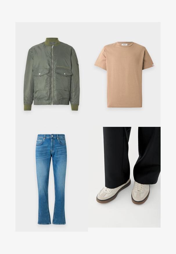 Olivgrüne Bomberjacke mit Reißverschluss, gerippten Bündchen und Kragen. Zwei vordere Taschen mit Druckknopfverschluss. Mit eingeprägtem Logodetail.; Beige Baumwoll-T-Shirt mit Rundhalsausschnitt, kurzen Ärmeln und einem dezenten, geprägten "REPLAY"-Logo auf der Vorderseite. Glenzige Textur, lockere Passform.; Blaue Denim- Schlagjeans mit normaler Taille, zwei Fronttaschen und leichter Abnutzung. Der Stoff hat eine weiche Textur und traditionelle Nähte.; Füße mit beigen Sneakers mit braunen Sohlen und schwarzen Hosen mit weitem Bein auf weißem Hintergrund.