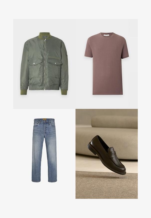Olijfgroene bomberjack met ritssluiting, ribgebreide manchetten en kraag. Twee voorzakken met drukknoopsluiting. Voorzien van een reliëflogo-detail.; T-shirt met korte mouwen van geribd breisel in gedempte mauve met ronde hals, plat neergelegd op een lichte achtergrond.; Lichtblauwe rechte jeans gemaakt van denim, met een vervaagde wassing, vijf zakken, riemlussen en een rits met knoopsluiting.; Enkele donkerbruine leren instapper zweeft boven een beige, gestructureerd tapijt, met een wazige beige bank op de achtergrond.