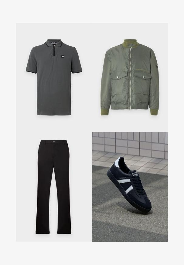 Olivgrüne Bomberjacke mit Reißverschluss, gerippten Bündchen und Kragen. Zwei vordere Taschen mit Druckknopfverschluss. Mit eingeprägtem Logodetail.; Graues Poloshirt mit einem Reißverschlusskragen, kurzen Ärmeln und schwarzem Besatz um den Kragen und die Ärmel. Kleines Logo auf der Brust.; Schwarze Baumwollhose mit geraden Beinen, einem Knopf- und Reißverschluss sowie seitlichen Taschen. Glatte Textur, keine sichtbaren Muster oder Akzente.; Schwarze Leder-Sneaker mit weißen Streifen, strukturiertem Gummisohle und Schnürung. Verfügt über ein Markenetikett auf der Zunge.