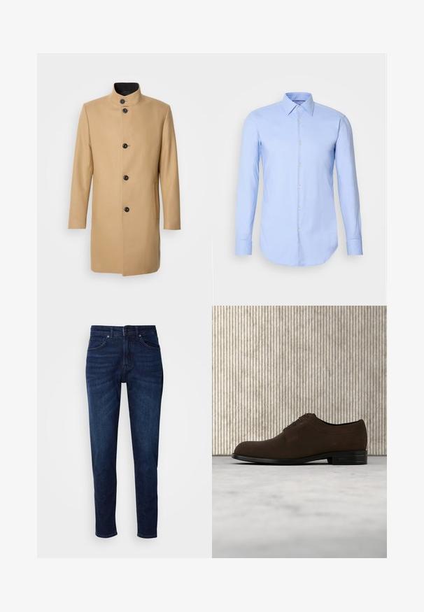 Beige wollen jas met een hoge kraag, sluiting met knopen aan de voorkant en twee zijzakken. Gladde textuur en een getailleerd silhouet.; Lichtblauw shirt met lange mouwen van katoen, met een knoopsluiting aan de voorkant, kraag en afgeronde zoom. Gladde textuur zonder patronen.; Donkerblauwe denim jeans met een rechte pijpdesign, voorzien van zakken en een knoopsluiting bij de taille. Zachte textuur, minimale vervagingdetails.; Donkerbruine leren veterschoen zwevend boven een lichtbeige tapijt met een glanzende amberkleurige tafel op de achtergrond.