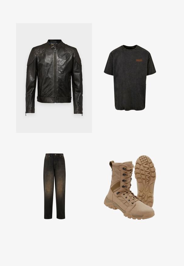 Belstaff OUTLAW - Læderjakker - black; Sort bomulds t-shirt med korte ærmer og rund hals, med en lille orange grafisk tekst på venstre bryst og syede kanter.; Mørk denim jeans med en let falmet finish, der har lige ben, fem lomme-design og metalknap lukning.; Brun taktisk støvle med snørelukning i ankellængde og robust gummisål, en støvle står oprejst og den anden viser slidbanemønster.