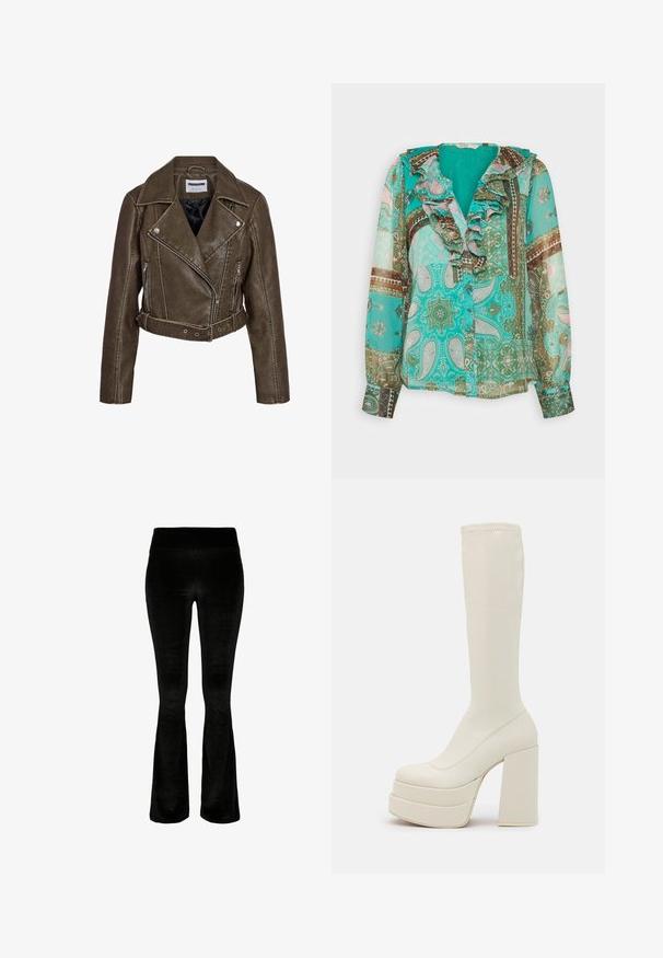Chaqueta biker corta marrón de piel sintética con bolsillos con cremallera, cintura con cinturón y solapa ancha.; ONLY ONLSTELLA FRILL - Blusa - electric green; Pantalones acampanados negros en tejido suave de terciopelo. Cintura alta y textura lisa. El diseño presenta un corte acampanado desde la rodilla hacia abajo.; Steve Madden CYPRESS - Botas con plataforma - off white