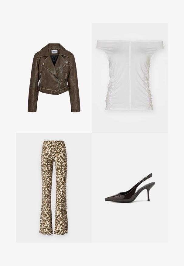 Brun kort bikerjakke i imiteret læder med lynlåslommer, bælte i taljen og bred reverskrave.; Hvid off-the-shoulder top, samlet side detaljer, blødt stof, tætsiddende design og lige halsudskæring.; Buketbukset i leopardprint i tan og sort, med en glat tekstur og en tætsiddende talje, der spænder ud fra knæet og ned.; Slingback højhælet sko i glat mørkebrun patenteret læder, spids tå, åbne sider og justerbar ankelrem.