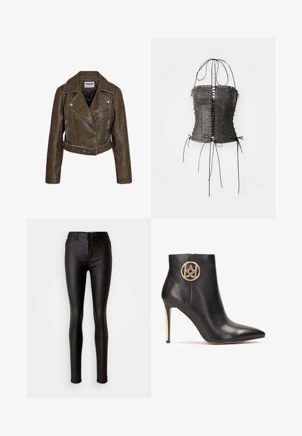Pruun lõhikuga kunstnahast mootorratturijakk lukuga taskute, vöökohaga ja lai revere kraega.; Jaded London LONGLINE LACE UP HALTER CORSET - Topp - black; Musta kunstnahast kitsad teksad, millel on sile tekstuur, kõrge vöökoht, nööbiga sulgemine ja traditsiooniline viie tasku disain.; Must mustri nahkasaapad terava nina, kõrge stilettokanna ja kuldse ringikujulise logo aktsentiga küljel. Sile tekstuur ja voolujooneline disain.