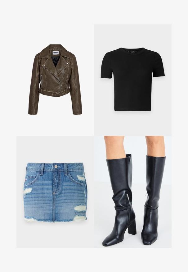 Veste courte marron en similicuir style biker avec poches zippées, taille ceinturée et large col à revers.; T-shirt noir ajusté à manches courtes, texture côtelée et col rond. Design simple, sans logo ni ornement visible.; Jupe en jean mini de couleur bleu clair avec une finition usée. Comprend un ourlet effiloché, des sections décolorées et plusieurs déchirures. Fermeture à bouton à l'avant et poches.; Steve Madden SPEEDWAY - Bottes - black