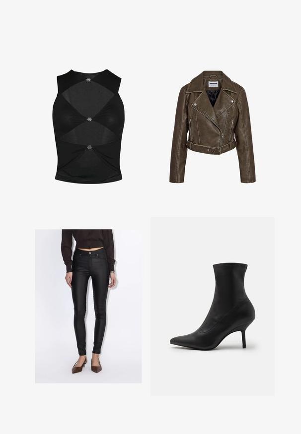Veste courte marron en similicuir style biker avec poches zippées, taille ceinturée et large col à revers.; Top sans manches noir avec un design ajusté. Présente des sections découpées et des éléments métalliques décoratifs au centre et sur les côtés. Texture douce.; Femme portant un pantalon skinny noir taille haute, une chemise courte marron foncé boutonnée, et des escarpins marron à bout pointu.; Anna Field by Zalando Bottines - black