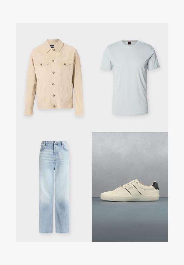 Chaqueta beige de ante con botones, dos bolsillos en el pecho con botones y cuello, mostrada sobre un fondo claro.; Camiseta azul claro de manga corta con cuello redondo, con un pequeño parche de logotipo tonal en el pecho izquierdo y una etiqueta negra en el interior del cuello.; Vaqueros azul claro de talle alto y pierna recta con bolsillos delanteros, trabillas para cinturón y cierre de botón.; Zapatillas de color crema con una textura suave, que presentan acentos y marcas en negro. Diseño clásico de cordones con punta redonda y suela de goma.