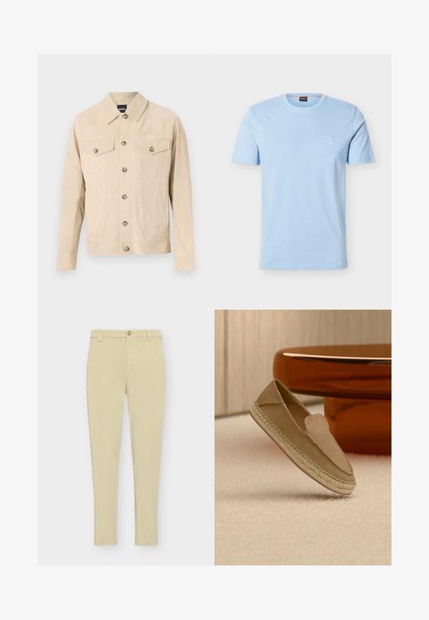 Veste en daim beige à boutons, avec deux poches poitrine à rabat et col, présentée sur un fond clair.; T-shirt bleu clair à manches courtes avec un col rond, orné d’un petit logo carré embossé sur la poitrine gauche et d’une étiquette de cou de marque.; Pantalon beige coupe slim avec passants pour ceinture, fermeture à boutons et poches avant, présenté à plat sur un fond clair.; Chaussure beige sans lacets avec tige texturée et semelle tissée, positionnée debout sur un sol recouvert de moquette claire à côté d'une table circulaire marron brillante.
