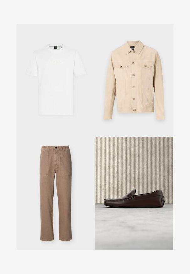 Veste en daim beige à boutons, avec deux poches poitrine à rabat et col, présentée sur un fond clair.; T-shirt blanc à manches courtes avec col rond, logo "BOSS" discrètement embossé sur le devant et étiquette noire à l’intérieur du col.; Pantalon beige à jambes droites avec poches plaquées avant, fermeture par bouton, passants de ceinture et coutures apparentes sur un fond clair uni.; Mocassins en cuir marron avec une finition lisse, des coutures de style mocassin, un bout rehaussé et une semelle en caoutchouc basse et flexible.