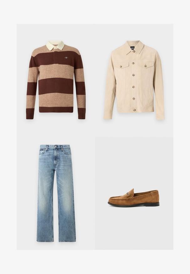 Beige suède jas met knopen, twee borstzakken met knopen en een kraag, weergegeven tegen een lichte achtergrond.; Rugbyshirt met lange mouwen, voorzien van brede horizontale bruine en beige strepen en een crèmekleurige kraag, met een klein geborduurd logo op de borst.; Lichtblauwe denim jeans met rechte pijpen, een hoge taille, vijf zakken, knoopsluiting en subtiele vervaging op de dijen en knieën.; Bruine suède herenloafer met gevlochten detail op de wreef en zwarte zool, zijaanzicht op een effen lichtgrijze achtergrond.