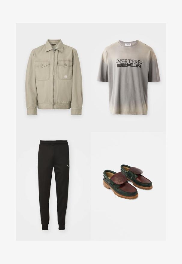 Beige langærmet jakke med lynlås foran, to brystlommer med knapper og en klassisk krave, vist på en hvid baggrund.; Grå gradient t-shirt med korte ærmer, prydet med et sort print af "VERTERE BERLIN" i en stiliseret skrifttype, blød tekstur og afslappet pasform.; Sorte træningsbukser med tapered fit, elastisk talje, sidelommer og hvide side-striber. Har et lille logo på venstre lår.; Lædersko med en mørkegrøn krop og en burgunderrød top, rund tå, fastgjort klap og tekstureret gummisål med riller.