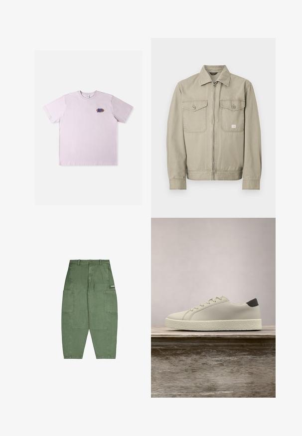 Beige lange mouwen jas met rits aan de voorkant, twee borstzakken met knopen en een klassieke kraag, afgebeeld op een witte achtergrond.; Roze katoenen T-shirt met korte mouwen, met een klein meerkleurig logo op de linkerborst. Eenvoudig, ontspannen ontwerp.; Groene cargo broek van katoen, met meerdere grote zakken, een losse pasvorm en een knoopsluiting bij de taille. Zachte textuur en matte afwerking.; Witte sneaker met gestructureerde zool en zwarte hieldetails, zwevend boven een houten bank met hoge groene graspluimen op de achtergrond.