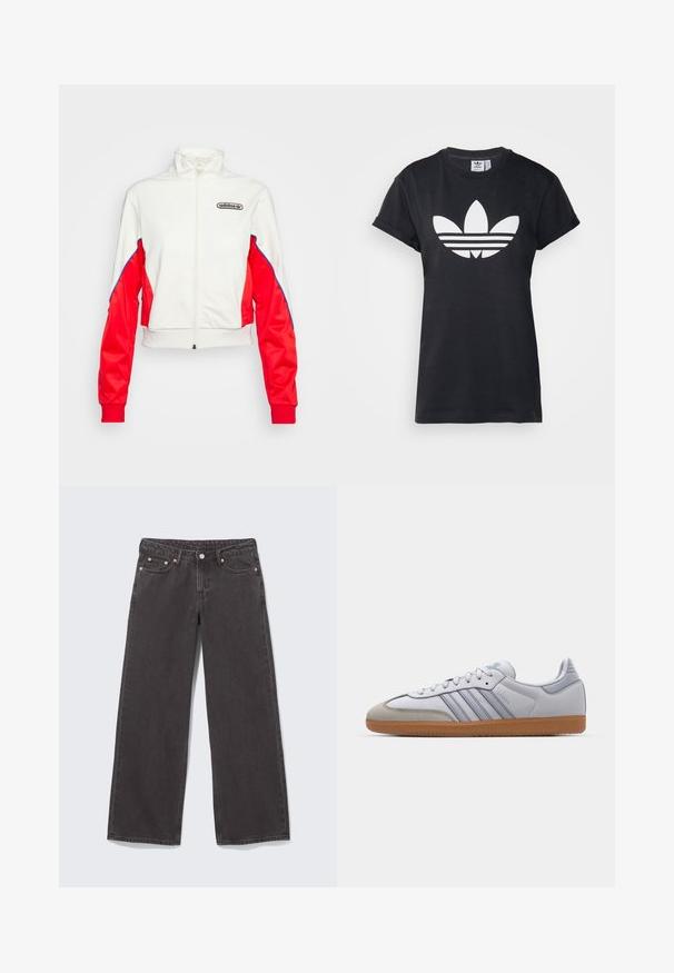 adidas Originals TRACK - Trainingsvest - white/vivid red; Zwarte katoenen T-shirt met opgerolde korte mouwen en een groot wit Adidas Trefoil-logo met daaronder drie horizontale strepen.; Zwarte denim jeans met wijde pijpen, koperen klinknagels, vijf zakken en een knoopsluiting. Zachte, stevige textuur met een rechte snit van taille tot zoom.; Witte leren sneakers met lichtblauwe accenten, grijs suède neus en een bruine rubberen zool. Voorzien van drie blauwe strepen en "Samba"-branding.