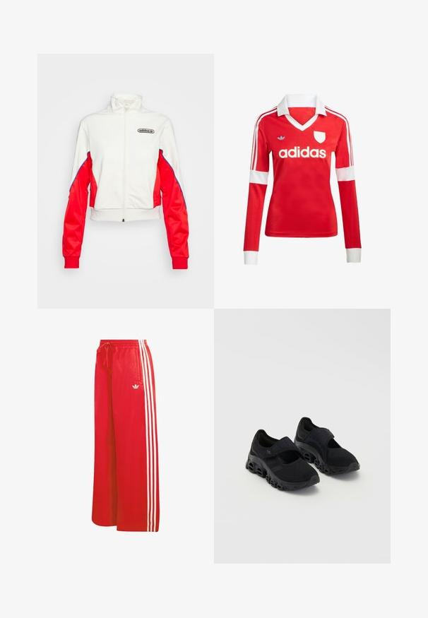 adidas Originals TRACK - Tréningová bunda - white/vivid red; Červený futbalový dres s dlhým rukávom a bielym golierom a manžetami. Na ramenách sú tri biele pruhy a výrazne zobrazené logo "adidas".; Červené športové nohavice z ľahkého materiálu s širokým strihom na nohách, elastickým pásom, sťahovacou šnúrkou a tromi bielymi pruhmi na každej strane.; Čierne športové topánky s priehľadnou vrstvou, bezpečným remienkom cez priehlavok, hrubou podrážkou s zaoblenými výrezmi a štruktúrovaným detailom po stranách.