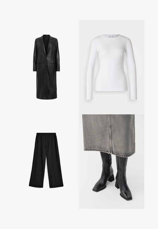 AllSaints AIRE - Klassischer Mantel - black; Weißes Langarmhemd aus geripptem Stoff mit Rundhalsausschnitt und taillierter Form. Keine Muster oder Akzente sind vorhanden.; Schwarze, weit geschnittene Hose aus weichem, dehnbarem Stoff. Elastischer Bund mit Taschen an den Seiten. Klare Linien und glatte Oberfläche.; Schwarze knielange Stiefel aus glattem Leder mit quadrater Zehenpartie und Blockabsatz. Getragen mit einem grauen Jeansrock mit ausgefranstem Saum.
