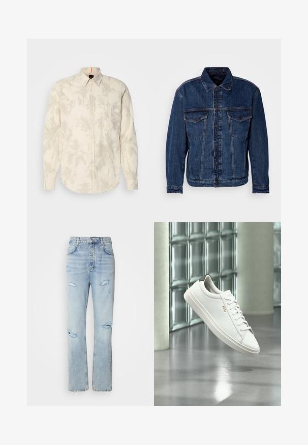 Dunkelblaue Jeansjacke mit Kragen, zwei Brusttaschen und Knopfverschluss. Hat eine leicht unstrukturierte Passform und sichtbare Nähte.; Hellbeige Hemd mit Knopfleiste und Palmenblattmuster, langen Ärmeln, einer Brusttasche und abgerundetem Saum. Hergestellt aus weichem Stoff mit glatter Textur.; Hellblaue Jeans mit legerer Passform, featuring distressed Stellen und fransigen Kanten. Der Stoff hat eine weiche, glatte Textur.; Weißer Leder-Low-Top-Sneaker mit Schnürsenkeln, schwarzer Fersenschlaufe und „BOSS“-Logo, der drinnen nahe einer Glassteinwand und einem polierten Boden schwebt.