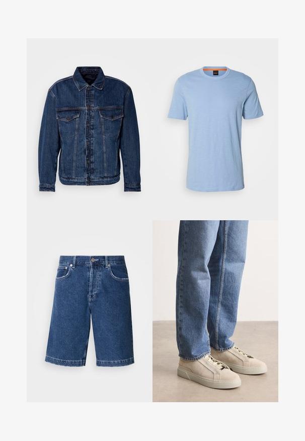 Donkerblauwe spijkerjas met een kraag, twee borstzakken en knoopsluiting. Heeft een iets ongestructureerde pasvorm en zichtbare stiksels.; Lichtblauw T-shirt met korte mouwen, gemaakt van zacht materiaal. Heeft een ronde hals en een subtiel reliëflogo op de borst.; Donkerblauwe denim shorts met een rechte snit, twee voorzakken en een klassieke knoopsluiting. Gestikte zoom met lichte vervaging.; BOSS GARYTENN_SDHDEL - Sneakers laag - natural ten