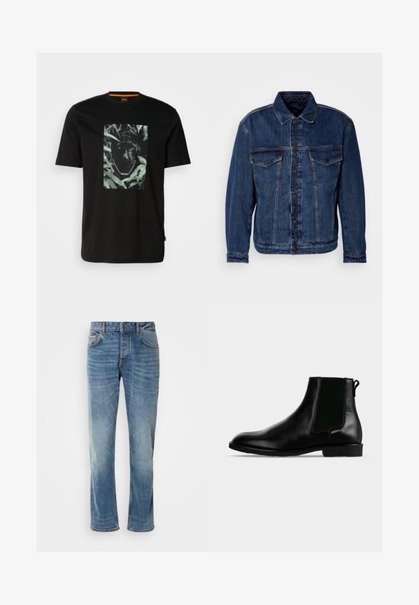 Dunkelblaue Jeansjacke mit Kragen, zwei Brusttaschen und Knopfverschluss. Hat eine leicht unstrukturierte Passform und sichtbare Nähte.; Schwarzes Baumwoll-T-Shirt mit einem zentralen Motiv eines Panthers, umgeben von Blättern, mit einem Kettenkragen und dem Text "BOSS". Kurze Ärmel.; Helle blaue Jeans aus Denim mit geraden Beinen, fünf Taschen, kontrastierenden Nähten und einem abgewetzten Finish. Verfügt über einen Knopf- und Reißverschluss.; Schwarzer Lederknöchel-Stiefel mit elastischem Seiteneinsatz, niedrigem Absatz, Zuglasche hinten und kleinem goldenem "HUGO" Logo an der Außenseite.