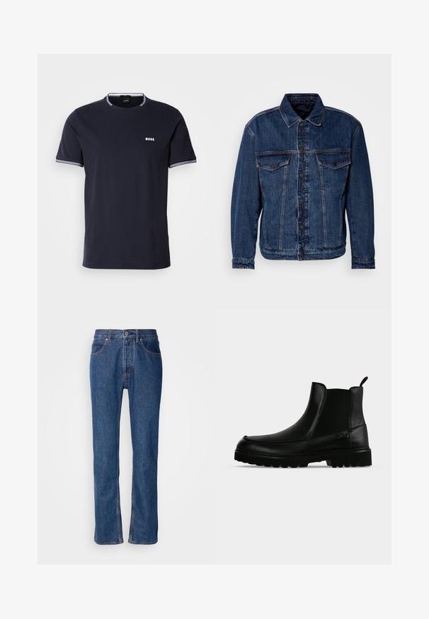 Veste en denim bleu foncé avec un col, deux poches poitrine et fermeture à boutons. Présente une coupe légèrement déstructurée et des coutures visibles.; T-shirt en coton bleu marine avec un col rond, présentant des accents rayés blancs sur le col et les manches, et un petit logo blanc sur la poitrine.; Jean en denim bleu avec une coupe droite, un design à cinq poches et des coutures claires. Comprend une braguette zippée et une fermeture à bouton à l'avant.; Bottine noire en cuir avec semelle texturée, panneaux latéraux élastiques et languette de tirage sur fond gris clair.