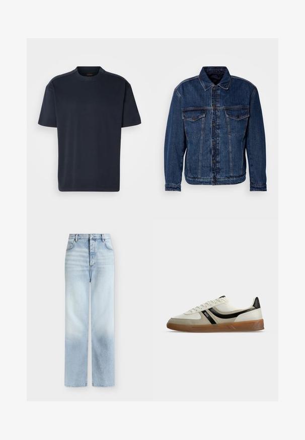Veste en denim bleu foncé avec un col, deux poches poitrine et fermeture à boutons. Présente une coupe légèrement déstructurée et des coutures visibles.; T-shirt à manches courtes bleu marine en coton doux ; doté d'un col rond, d'une coupe décontractée et d'un logo de marque subtil au niveau du col.; Jeans bleu clair taille haute à jambes droites, avec poches avant, passants de ceinture et fermeture par bouton.; Baskets basses blanches et beiges avec détail de rayure noire, semelle en caoutchouc marron et logo BOSS sur le côté, photographiées sur fond blanc.