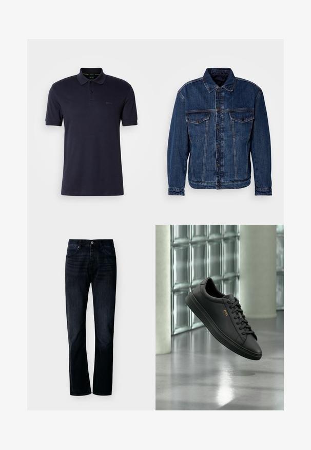 Dunkelblaue Jeansjacke mit Kragen, zwei Brusttaschen und Knopfverschluss. Hat eine leicht unstrukturierte Passform und sichtbare Nähte.; Navy-Blaues Polohemd mit weichem Material, zwei Knöpfen am Kragen, kurzen Ärmeln und dezentem Logo auf der linken Brust. Einfaches und klassisches Design.; Dunkel indigoblaue Jeans mit geradem Bein, vorn mit Knopf- und Reißverschluss, Gürtelschlaufen und Fünf-Taschen-Design, dargestellt vor schlichtem hellem Hintergrund.; Schwarzer flacher Ledersneaker mit schwarzen Schnürsenkeln und goldenem BOSS-Logo an der Seite, schwebend über einem glänzenden grauen Boden in einem modernen Innenraum.