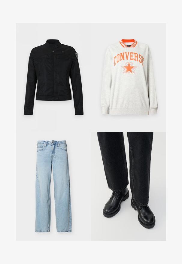 Schwarze Jacke mit Reißverschluss, hohem Kragen, Knopfverschlüssen, Reißverschlusstaschen auf der Brust und einem Aufnäher am oberen linken Ärmel.; Hellgraues langärmliges Sweatshirt mit orange gestreiftem Kragen und dem Schriftzug "CONVERSE" sowie einem Sternlogo in Orange auf der Brust.; Hellblaue Straight-Leg-Jeans aus Denim mit Vordertaschen, Gürtelschlaufen und Knopfverschluss auf einem schlichten weißen Hintergrund.; Schwarze Lederknöchelstiefel mit runden Zehen, Schnürsenkeln und einer robusten, dicken Sohle. Kombiniert mit dunklen Jeans, die ein rohes Saumdetail aufweisen.