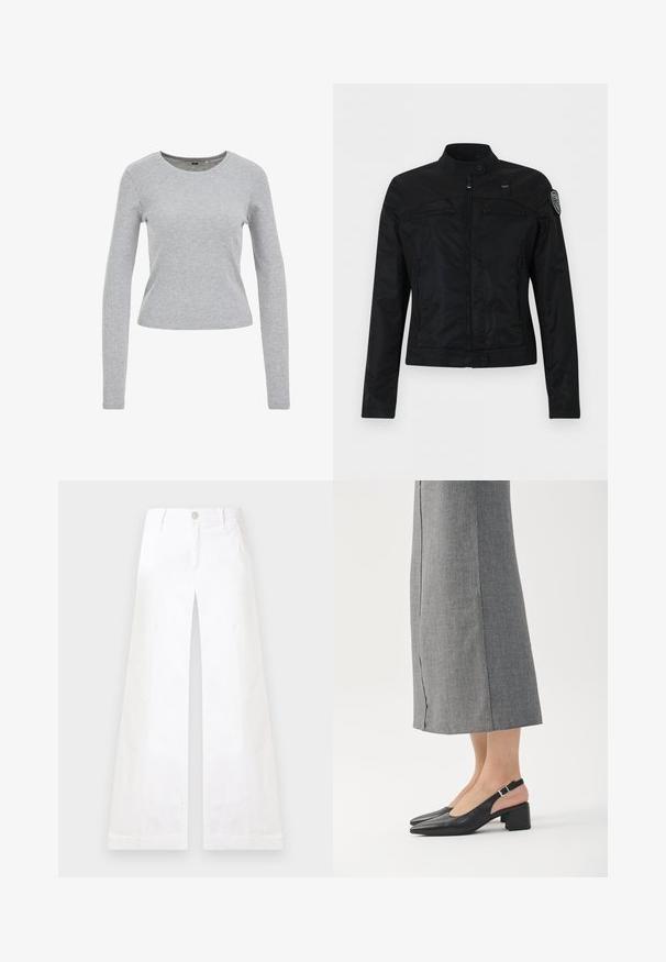 Zwarte jas met ritssluiting, hoge kraag, knoopsluitingen, ritssluitingen op de borstzakken en een patch op de bovenste linkermouw.; Grijze langwerpige shirt met lange mouwen, gemaakt van een gestructureerde katoenen mix, met een ronde halslijn en een aangesloten pasvorm. Geen zichtbare patronen of versieringen.; Witte wijde broek met hoge taille, riemlussen, knopen aan de voorkant en zakken, platgelegd op een lichte achtergrond.; Zwarte leren slingback schoenen met een puntige neus, blokhak en een contrasterend roze hielaccent. Gladde textuur met een minimalistisch ontwerp.