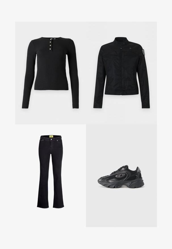 Schwarze Jacke mit Reißverschluss, hohem Kragen, Knopfverschlüssen, Reißverschlusstaschen auf der Brust und einem Aufnäher am oberen linken Ärmel.; Schwarzes langärmliges Rippoberteil mit Rundhalsausschnitt und fünf Knopfblende mit kleinen, hellen Knöpfen. Weiche Textur, figurschmeichelnde Passform.; Schwarze Jeans mit ausgestelltem Bein aus Jeansstoff, im klassischen fünf-Taschen-Design, mit einem Knopf- und Reißverschluss sowie einem kontrastierenden gelben Markenetikett am Bund.; Schwarze Sportschuhe mit Netzpaneelen, gepolstertem Schaft und strukturiertem Sohlenprofil. Verfügen über ein Logo und kontrastierende Akzente an der Seite.