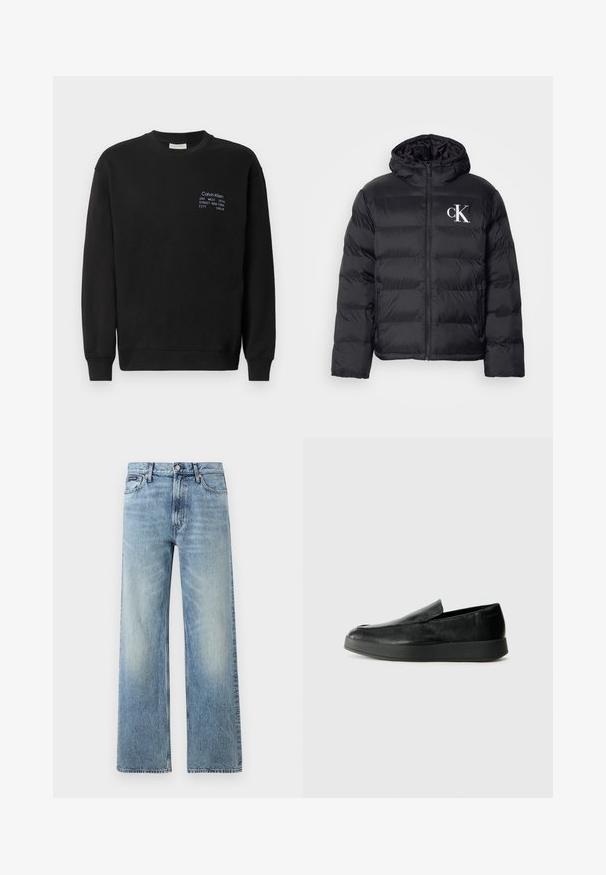 Doudoune noire avec fermeture éclair à l'avant, capuche et logo "CK" blanc. Présente un design matelassé et une texture lisse et brillante.; Sweatshirt en coton noir à manches longues, col rond et poignets côtelés. Présente un logo brodé en bleu sur la poitrine.; Jean droit en denim bleu clair avec taille haute, cinq poches, fermeture à boutons et léger délavage sur les cuisses et les genoux.; Calvin Klein HYBRID CUP - Chaussons - triple black