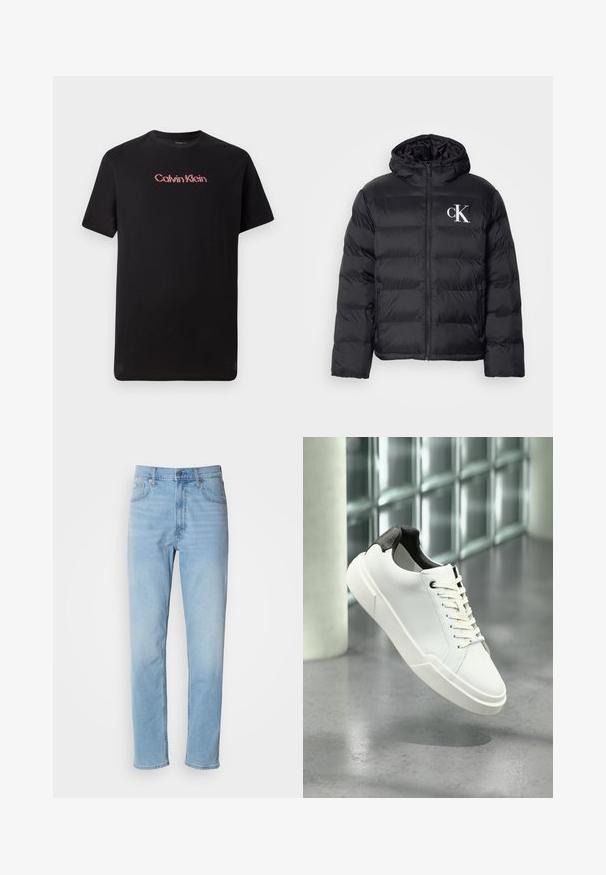 Una chaqueta acolchada negra con cremallera frontal, capucha y el logo "CK" en blanco. Presenta un diseño acolchado y una textura suave y brillante.; Camiseta de manga corta negra de algodón, con un logo central de Calvin Klein en rojo y blanco, con cuello redondo y corte relajado.; Jeans de mezclilla azul claro con un corte recto, cinco bolsillos y trabillas para cinturón. La tela presenta una textura suave con un ligero efecto de desvanecimiento.; Zapatilla blanca de perfil bajo con lengüeta del talón texturizada en negro, cordones blancos y suela gruesa sobre un suelo de cemento pulido cerca de bloques de vidrio.