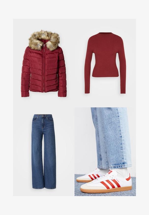 Veste d'hiver matelassée rouge avec fermeture éclair frontale, poches latérales zippées et capuche doublée de fausse fourrure marron.; Pull ajusté à côtes, à manches longues, de couleur rouge foncé avec col rond, présenté sur un fond neutre clair.; Jean taille haute, à jambes larges en denim bleu foncé. Comprend cinq poches, des passants de ceinture et une texture délavée avec des coutures contrastantes.; Baskets en cuir blanc avec des rayures et des accents rouges. Dotées d'une semelle extérieure en gomme texturée et d'un col rembourré. Portées avec un jean en denim bleu clair.