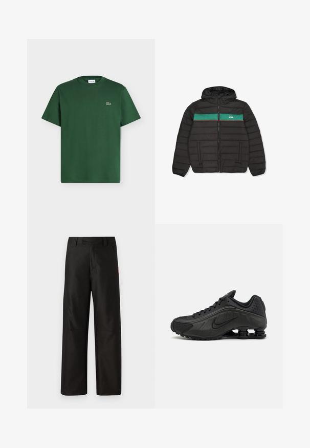 Chaqueta acolchada negra con una franja horizontal verde y detalles rojos. Cuenta con cierre de cremallera, capucha y bolsillos laterales. Fabricada con material ligero.; Camiseta de algodón de manga corta en verde oscuro con cuello redondo y pequeño logo del cocodrilo de Lacoste en el pecho izquierdo.; Pantalones anchos negros, confeccionados en una tela suave, con un frente plano, lazos para cinturón y dos bolsillos laterales. Acento del logo de la marca en rojo en un lado.; Zapatillas de running negras con un upper sintético liso, detalles perforados, paneles laterales texturizados y una suela distintiva y elástica.