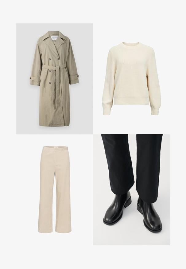 Cabrón beige de doble botonadura con cinturón de lazo, puños abotonados y una tela ligeramente texturizada. Cuenta con un cuello de solapa y dos bolsillos frontales.; Suéter color crema hecho de tejido de punto texturizado, con cuello redondo, mangas largas y puños y dobladillo acanalados. Diseño sencillo de color sólido.; Pantalones de pana anchos en color beige con una textura acanalada sutil, lazos para cinturón, cierre frontal con cremallera y dos bolsillos laterales.; Botas Chelsea de cuero negro con una textura suave, punta redonda y un tacón bajo bloque, combinadas con pantalones negros.