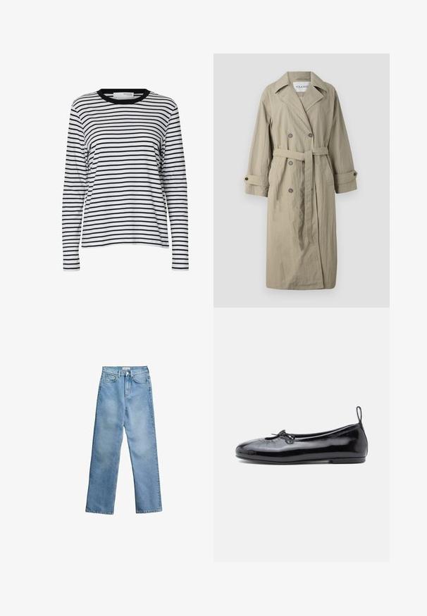 Beige dobbeltbrystet trench coat med bælte, knappede manchetter og et let struktureret stof. Har en spids krave og to forlommer.; Hvid langærmet skjorte med sorte vandrette striber og en sort rund hals, vist på en ensartet hvid baggrund.; Lyseblå jeans med høj talje og lige ben, med frontknap og lynlås, bæltestropper og fem-lomme design på hvid baggrund.; Sorte patenterede læder ballet flats med rund tå, lille sløjfedetalje og glat tekstur; har en lav flad sål og en træksløjfe ved hælen.