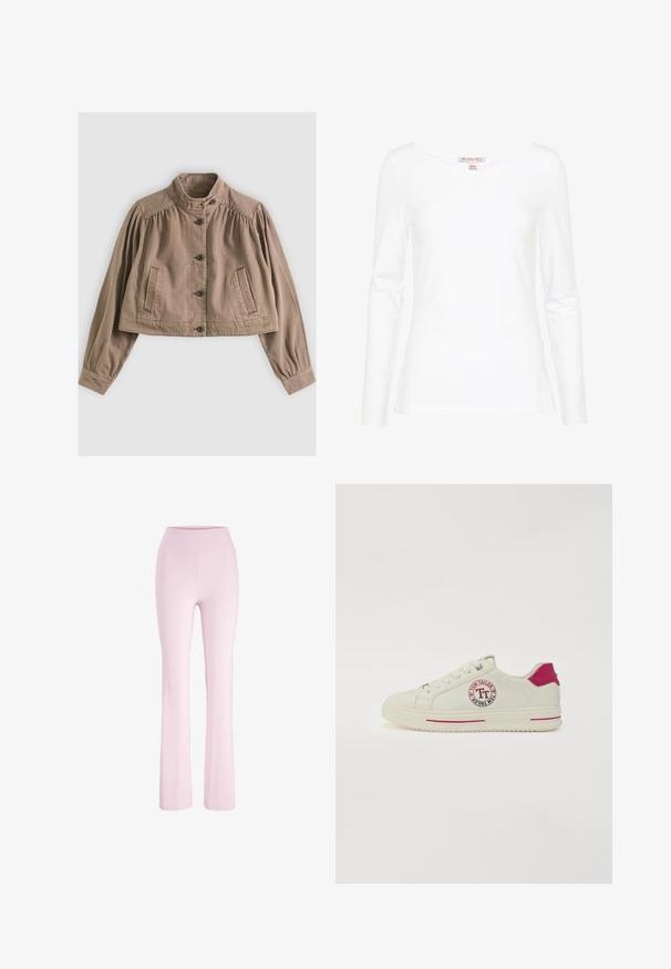 Lys brun cropped jakke med høj krave, knaplukning, lange puffede ærmer og syningsdetaljer på lommer på en neutral baggrund.; Anna Field Langærmet T-shirt - white; Lyserøde yoga bukser med høj talje med tætsiddende pasform over lårene og let udvidede ben, vist på en hvid baggrund.; Hvide sneakers lavet af læder, med et cirkulært logo-patch, lyserøde detaljer på hælen og mellemsålen samt en tekstureret gummisål.