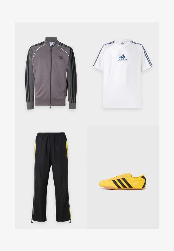 Grå atletisk jakke med lynlås foran, sort tre-stribet design på ærmerne, ribbede manchetter og krave. Har hvid piping langs sømmene.; Hvid Adidas T-shirt med blå accenter, korte ærmer og rund hals. Har Adidas-logoet i blå på fronten og tre striber på skuldrene.; Sorte træningsbukser med gule sideaccenter, elastisk talje og lynlåslommer på siden. Fremstillet af let og glat stof.; Gul atletiksko med en tekstureret overdel, der har sorte striber og logo. Rundt tå, blød sål og zigzag-mønster på materialet.